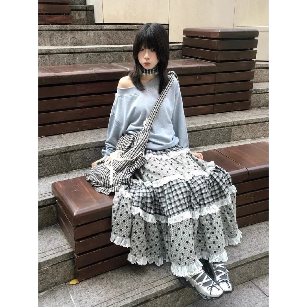 Novo estilo Multi-camada renda xadrez fino ponto costura bainha grande A linha saia longa All-Match menina japonesa quat
