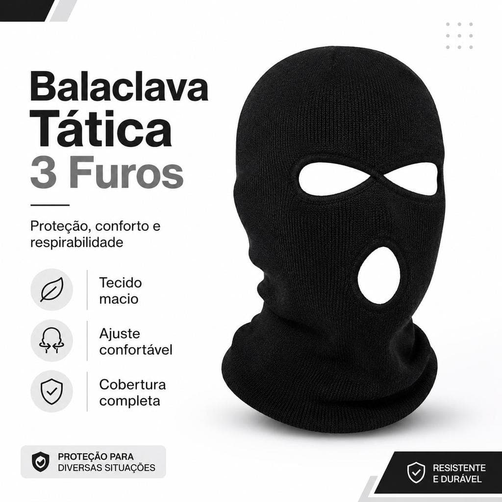 Balaclava Tática 3 Furos Preta, Touca Ninja de Malha Confortável para Moto, Ciclismo, Trilha e Clima Frio