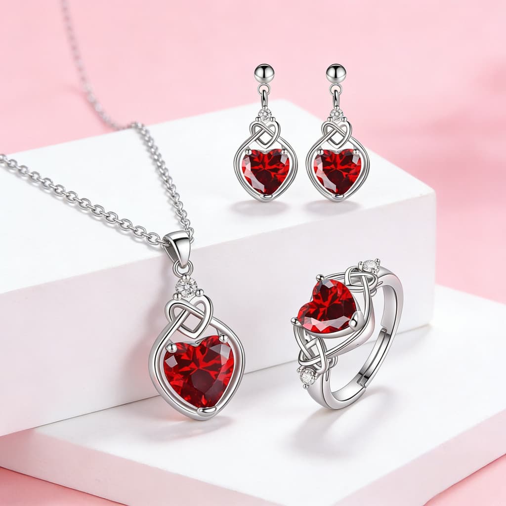 S925 prata nó eterno coração vermelho imitação rubi zircão conjunto de três peças (colar + brincos + anel feminino)-aces