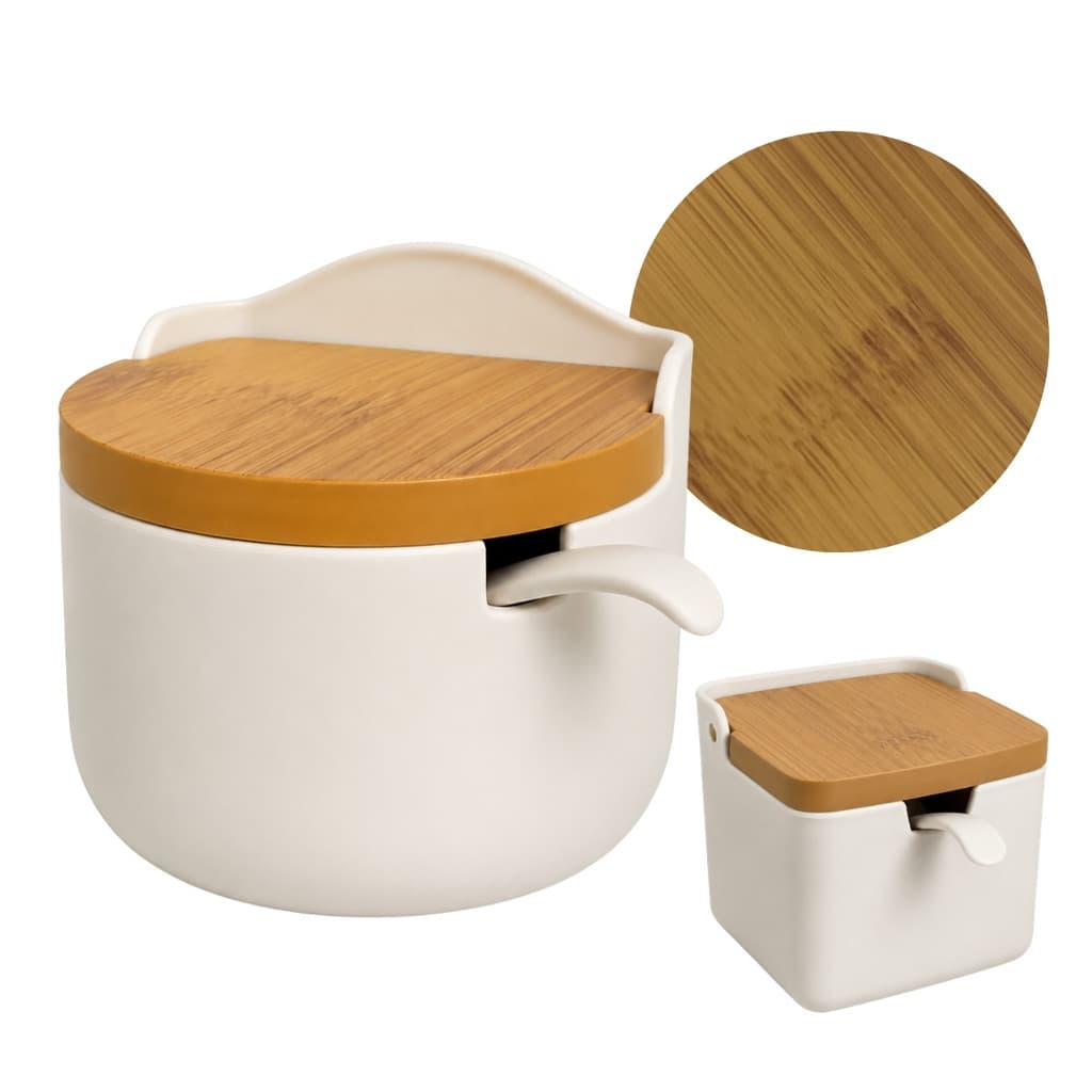 Saleiro Decorativo para Cozinha com Colher Acabamento Cerâmica e Tampa Estilo Bambu