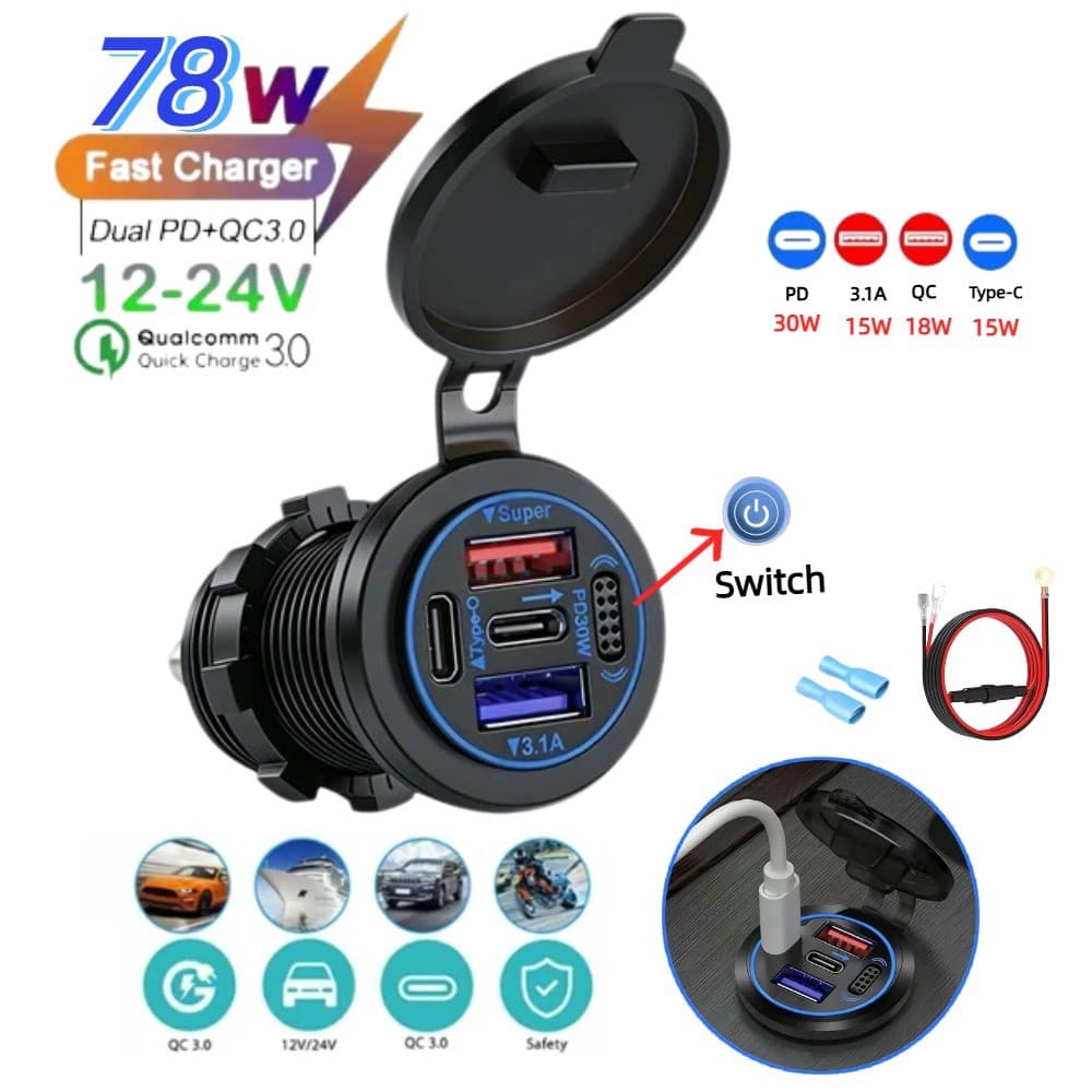 4 Portas PD3.0 30W Tomada De Carregador De Carro Duplo Tipo-C E Dupla USB Carregamento Rápido Com Interruptor Para 12V/2