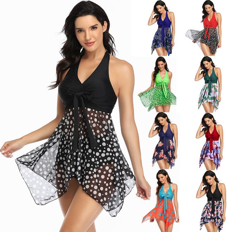 Novo estilo de maiô feminino cruz rendas gaze saia dividida biquíni maiô