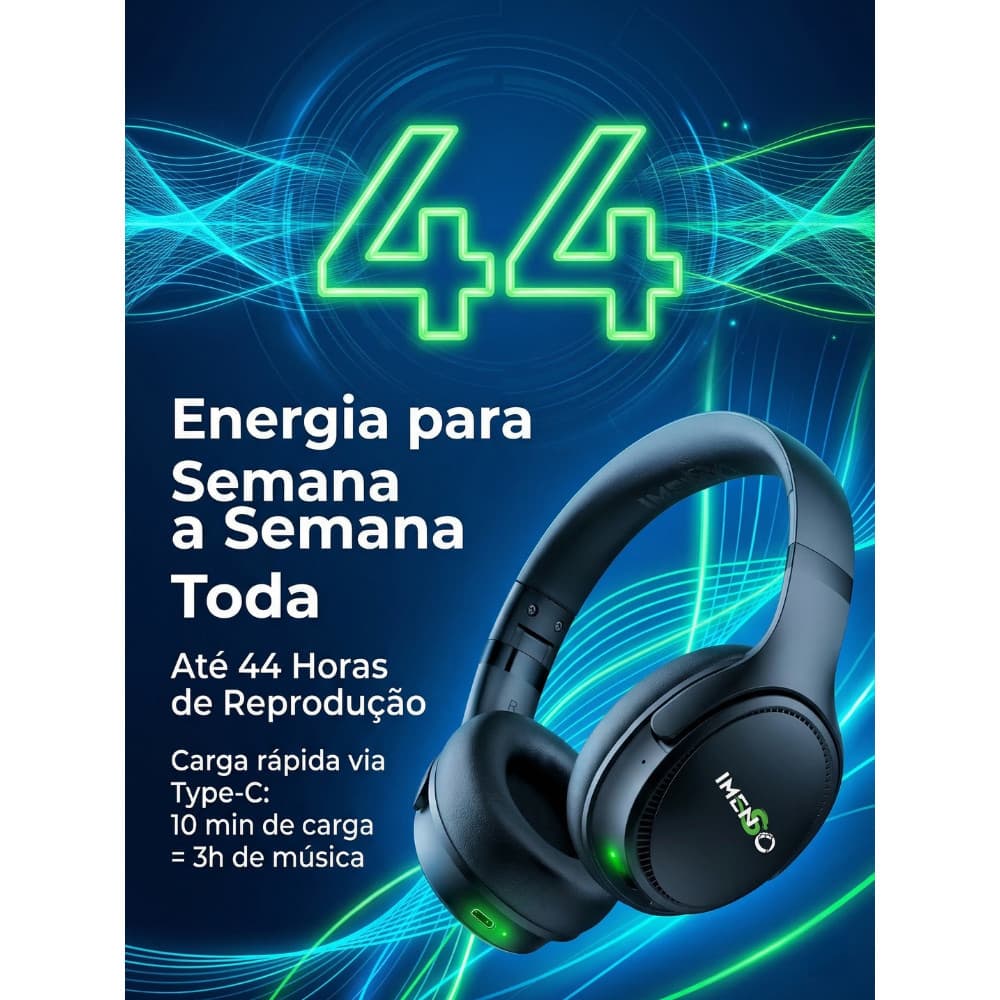 Fone de Ouvido Bluetooth com ANC 44h de Bateria Graves Potentes e Conexão Dupla BT 5.3 + AUX
