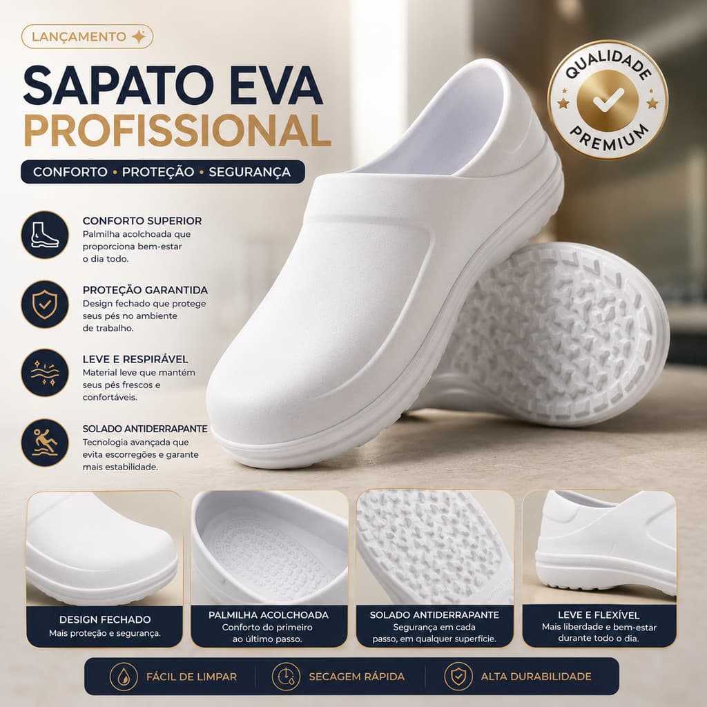 Sapato fechado EPI Super Leve Enfermeiro, Cozinheira, Copeira, Açougueiro, Area da Saude