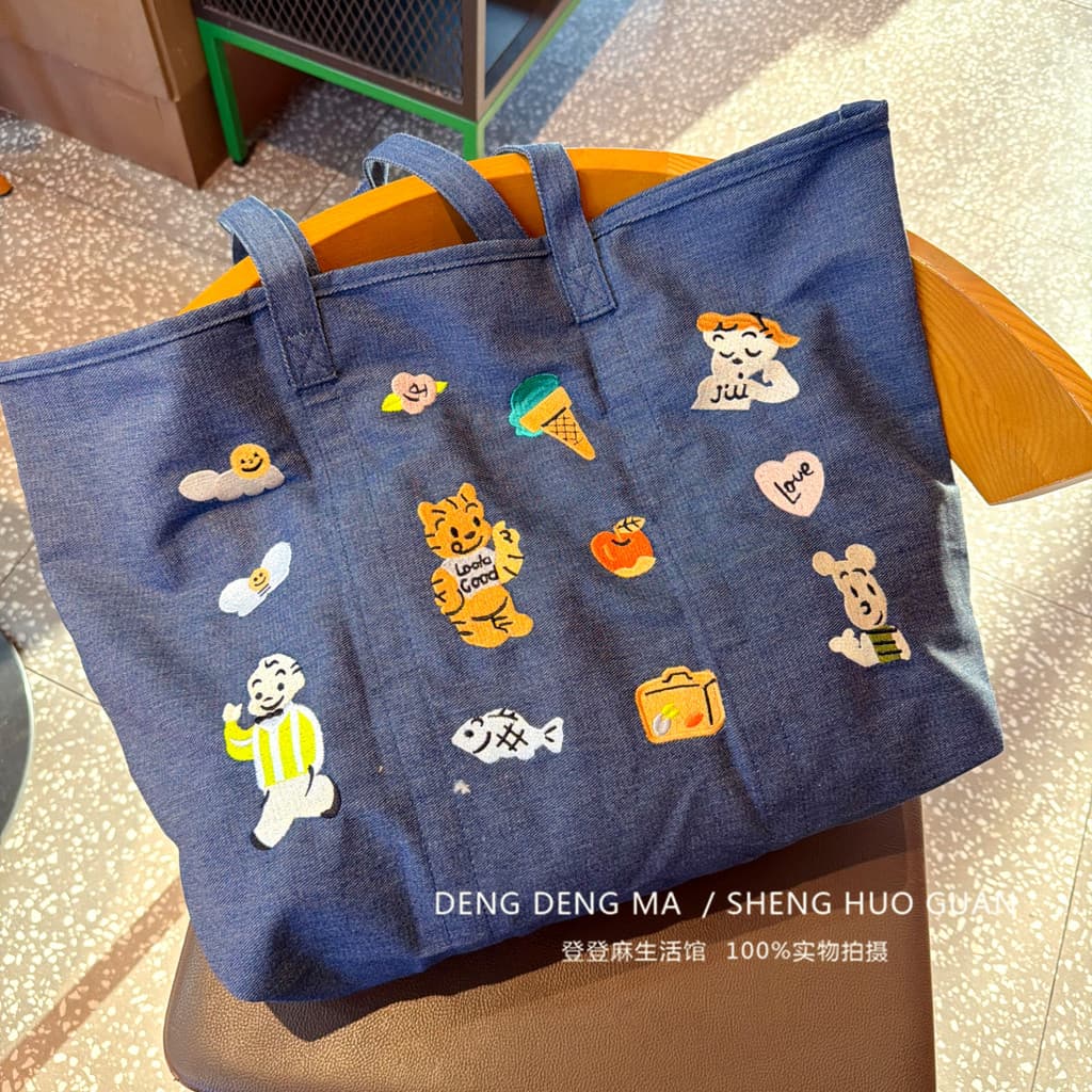 Japonês bonito dos desenhos animados Original doce menina bolsa de ombro de grande capacidade Casual All-Match Denim sac
