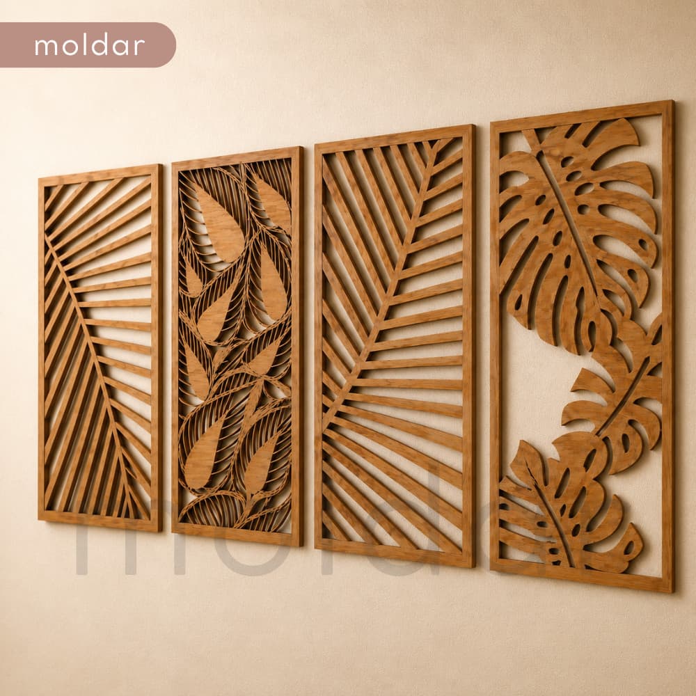 KIT 4 QUADROS DECORATIVOS FOLHAS – MDF VAZADO CRU MODERNO