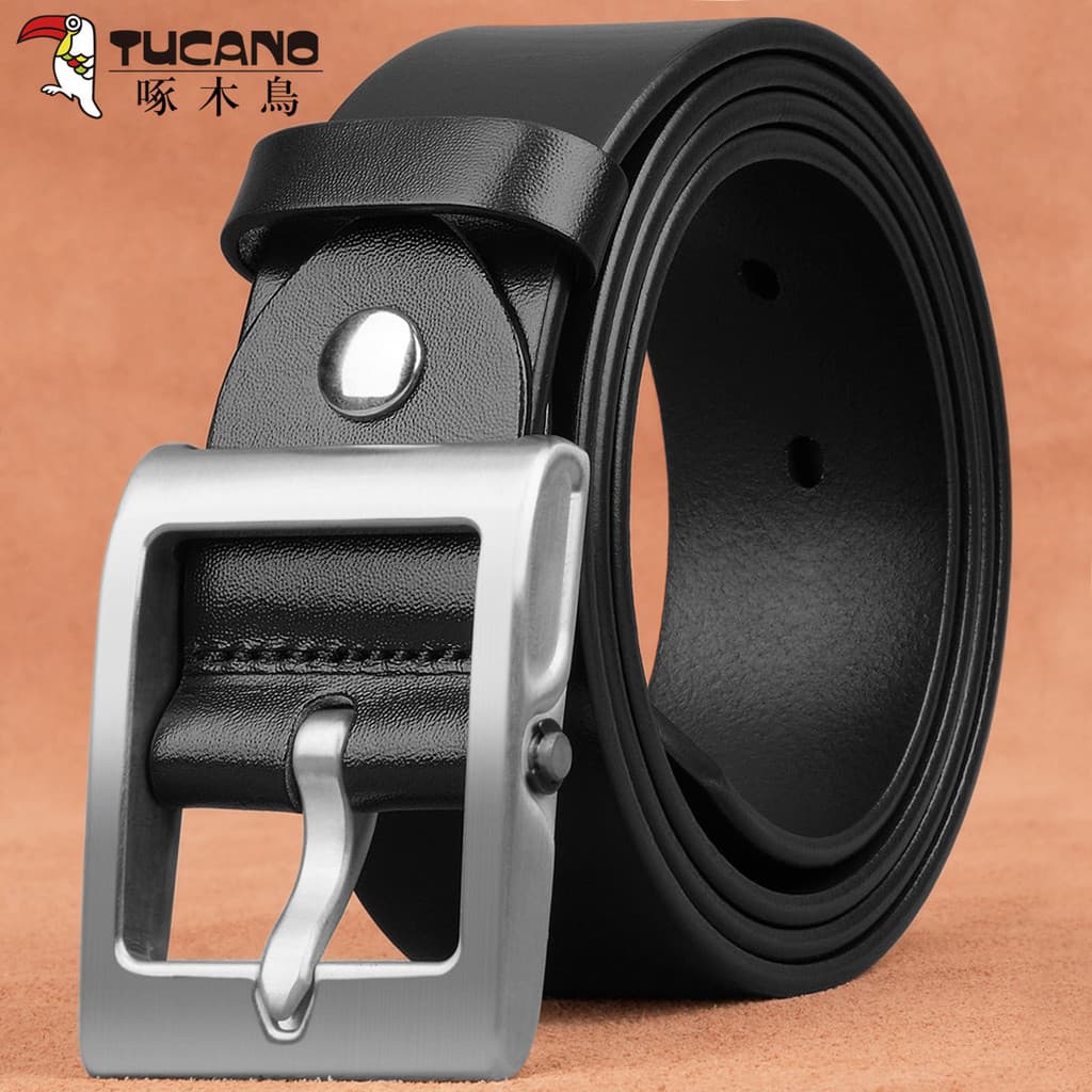 Woodpecker cinto masculino couro genuíno pino fivela Jeans de aço inoxidável All-Match única camada primeira camada puro