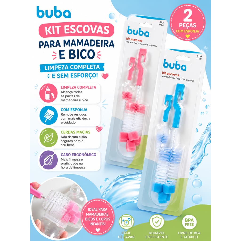 Kit Escova para Mamadeira Buba com Esponja e Escova para Bico Original
