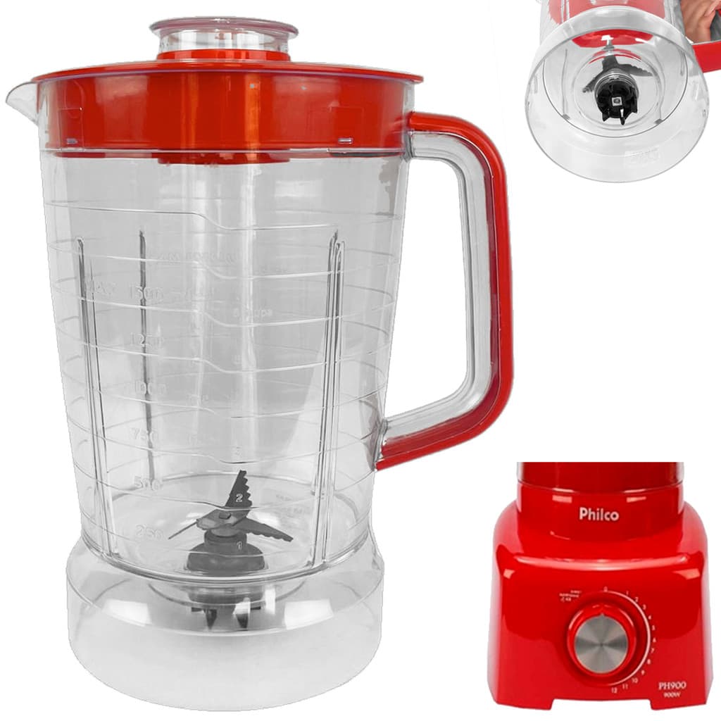 Copo de Liquidificador Para Philco PH900 Cristal Tampa Vermelha