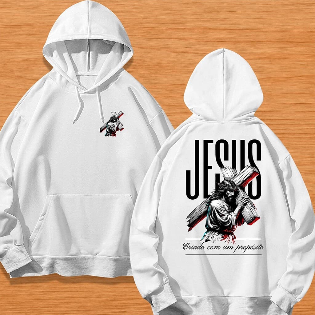 BLUSA DE FRIO MOLETOM CANGURU UNISSEX STREETWEAR JESUS CARREGANDO A CRUZ