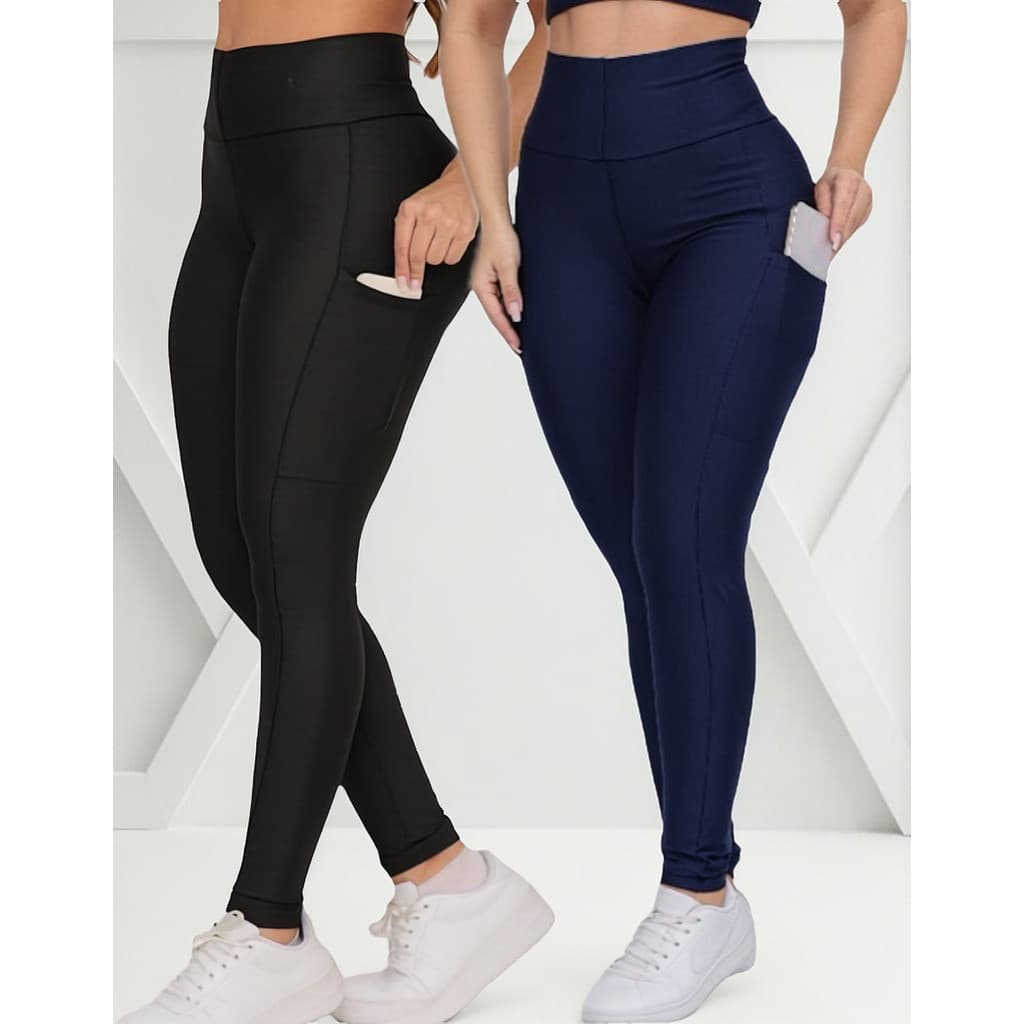 Kit Legging Feminina Suplex Alta Com Bolso-2 Unidades