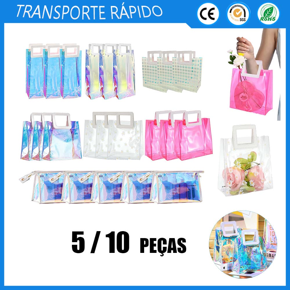 Reutilize Sacos De Presente Plástico Pvc，Saco de Compras Para Presentes Rosa/Azul/Floral Transparente -5/10UN