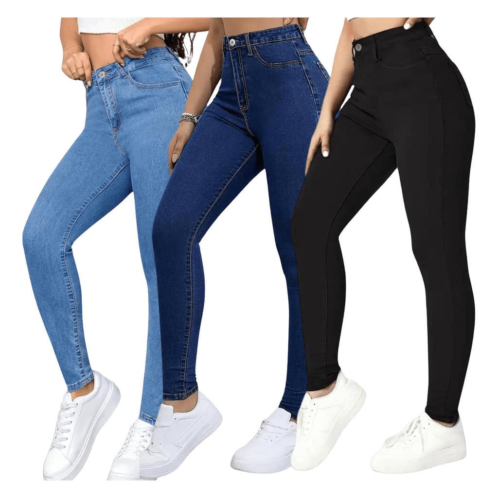 Kit 3 Calça Jeans Feminina Skinny Alta Genérica Elastano elegante   moderno