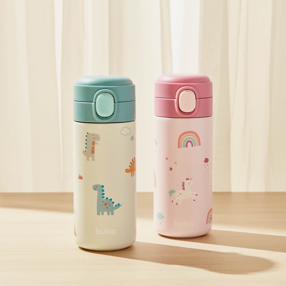 Garrafa Térmica Infantil Buba com Canudo – Parede Dupla, 320ml, Dino e Unicórnio, Livre de BPA