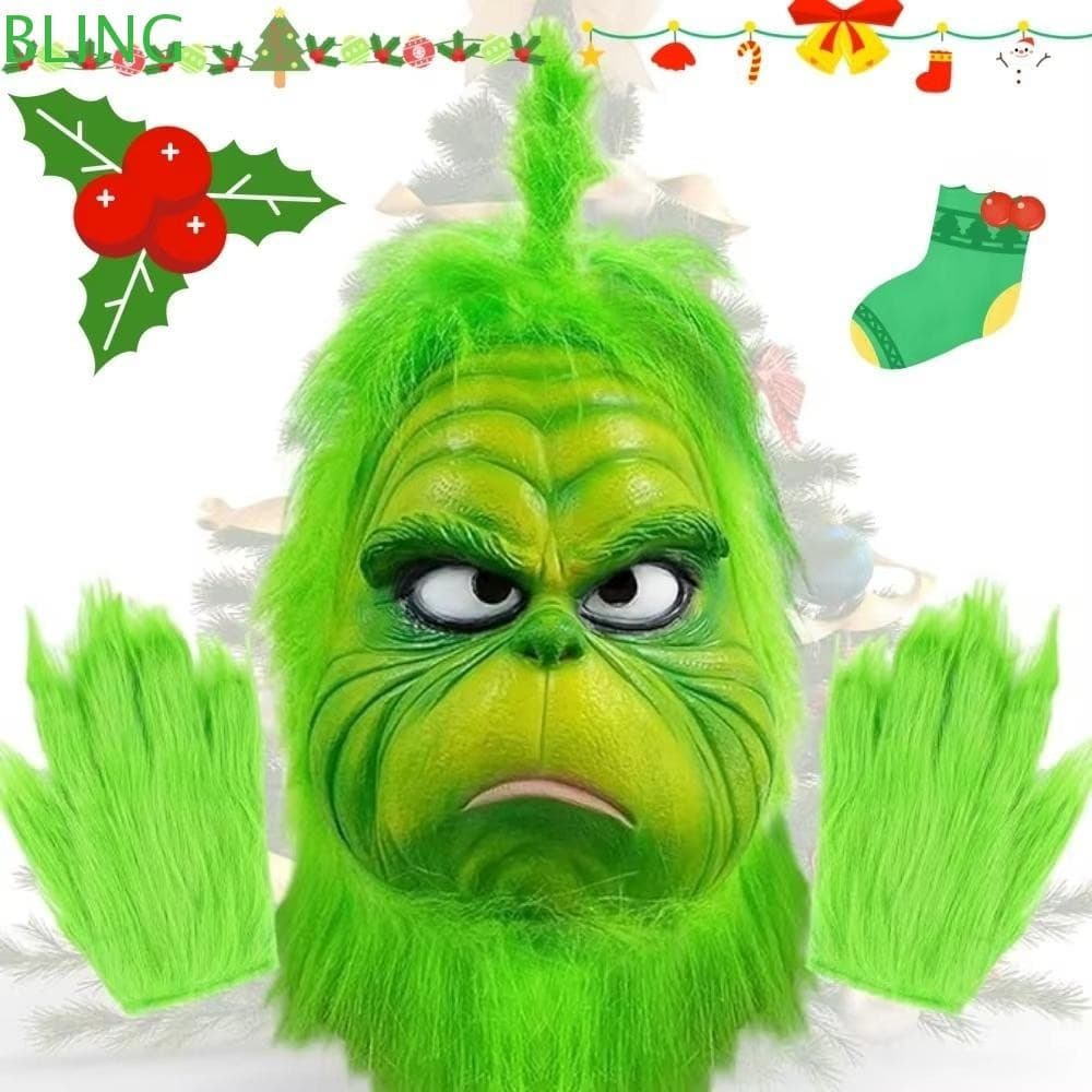 BLING Grinch , Arnês Anime Green Fur Freak Máscara De Látex Natal Face Halloween
