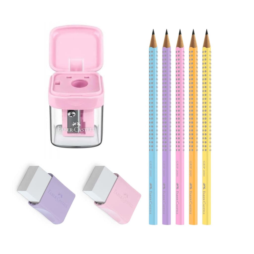 Kit 5 Lápis Pastel Grafite Faber + 2 Borrachas + Apontador