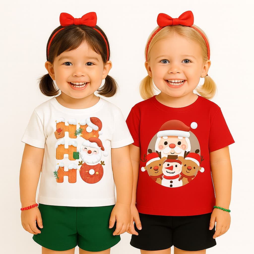 Kit 2 Conjuntos de Natal Menina Infantil - Conjunto de Papai Noel Feminino -Camiseta Vermelha e Branca de Natal Infantil