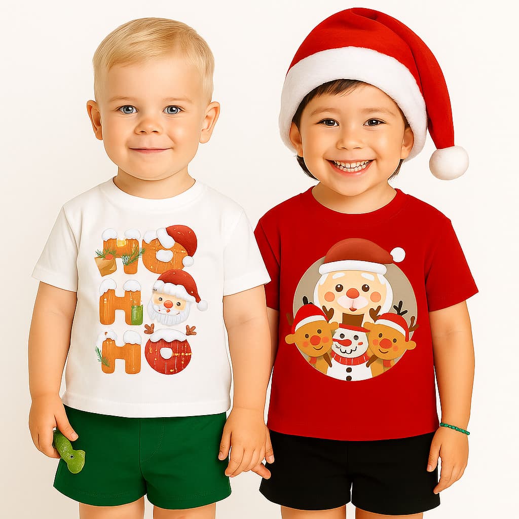 Kit 2 Conjuntos de Natal Masculino Infantil - Conjunto de Papai Noel Infantil -Camiseta Vermelha e Branca de Natal