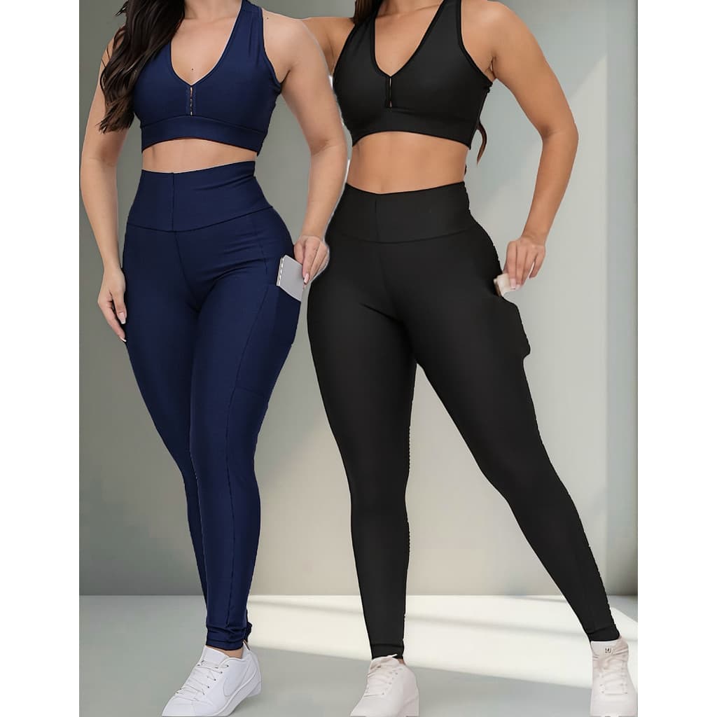Legging Leg calça Preto Azul Kit Feminino Academia Duplo Bolso Na Lateral- 2 Uni