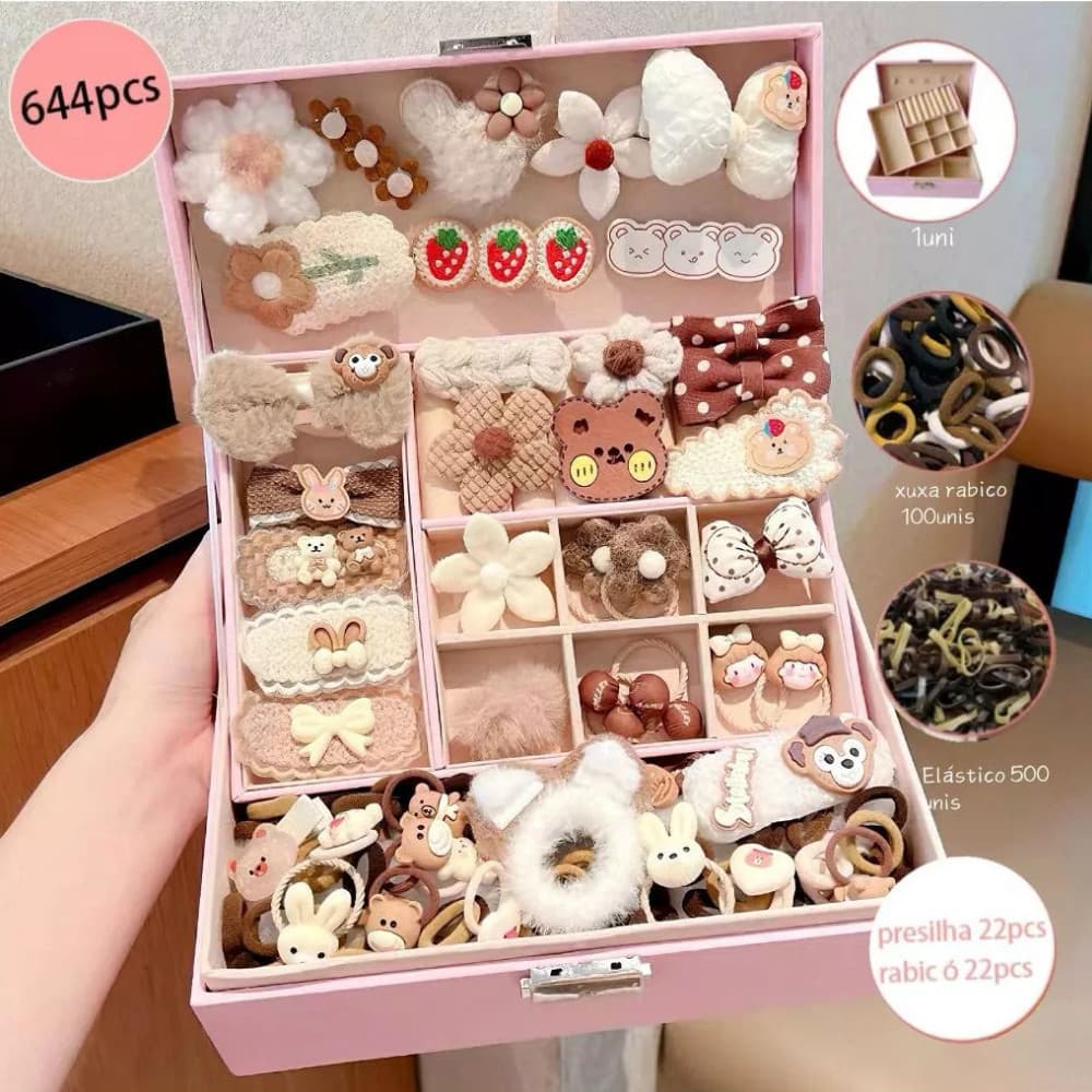 Kit Caxinha Com 644 Peças Elástico Xuxinha Presilhas Para Cabelo Infantil Meninas