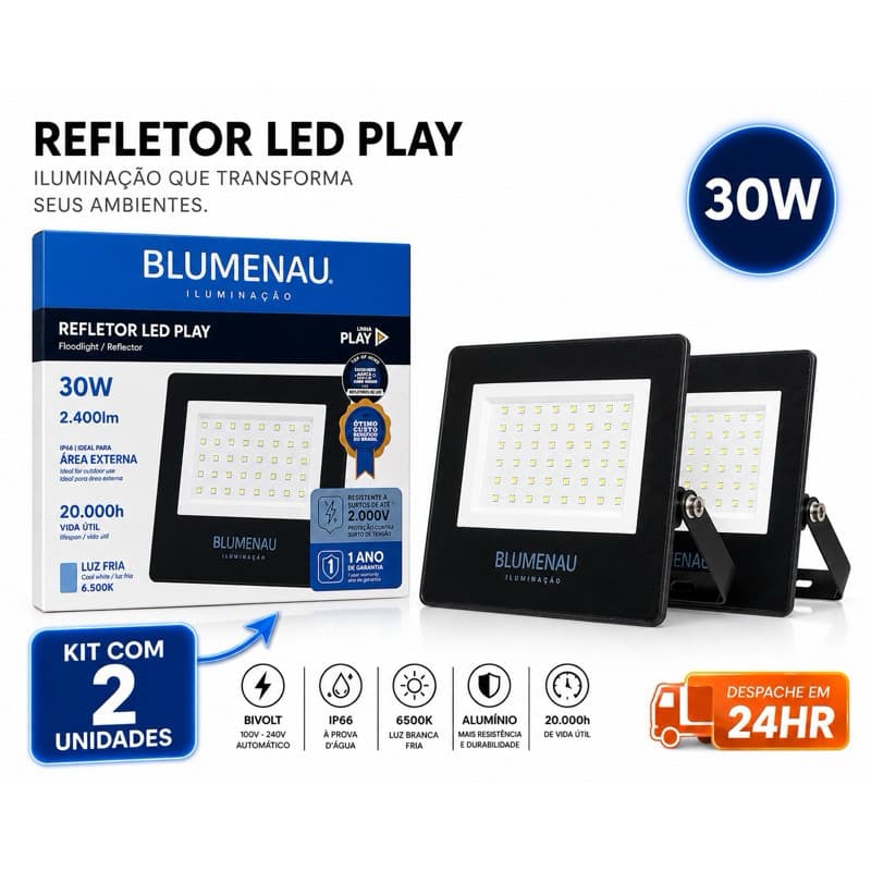 2 / 1 Refletores LED 30W Blumenau Alumínio Bivolt IP66 6500K 3000K Externo Prova D'Água AltaPotência Jardim Garagem