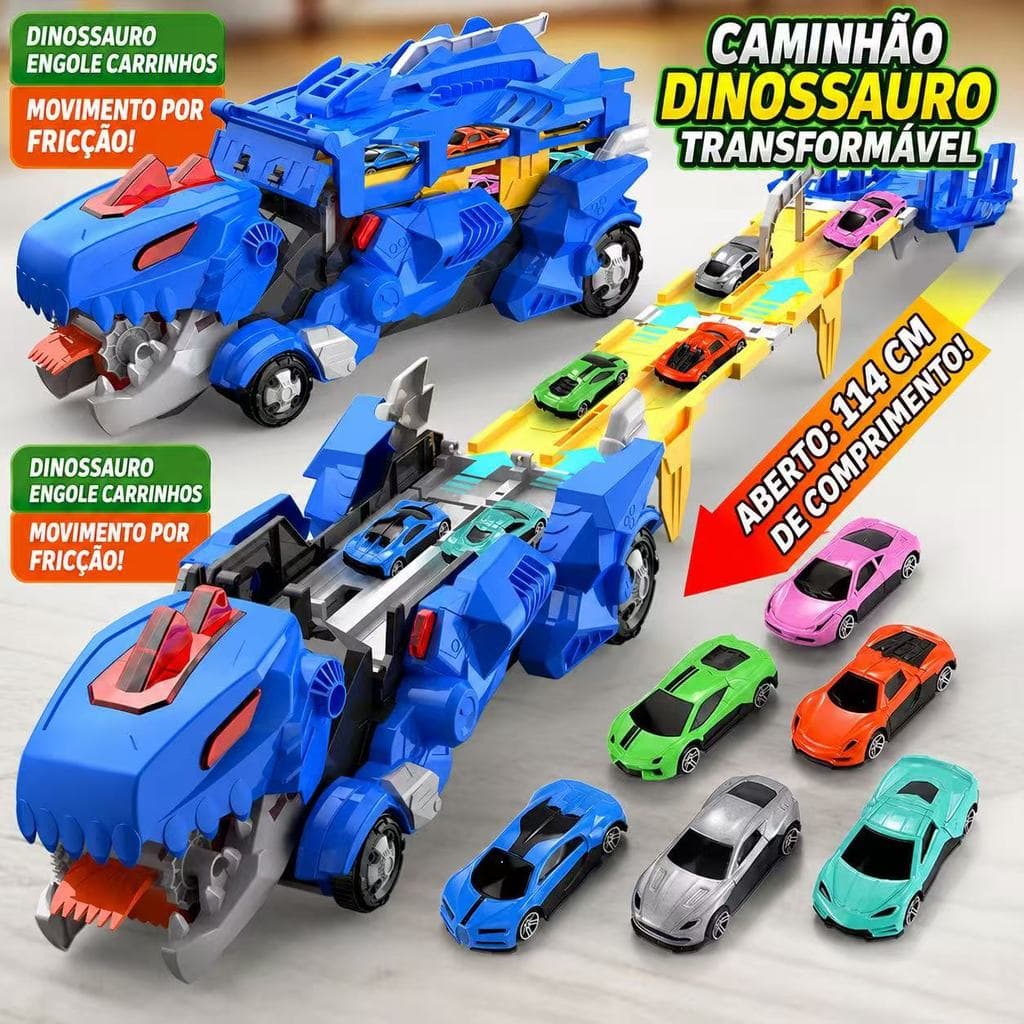 Caminhão Dinossauro Infantil 3 em 1 com Pista e 2 Carrinhos