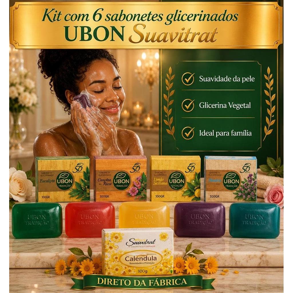 Kit 6 Sabonetes em Barra Glicerinado Variados Ubon Suavitrat 100g Natural Hidratante Promoção Oferta