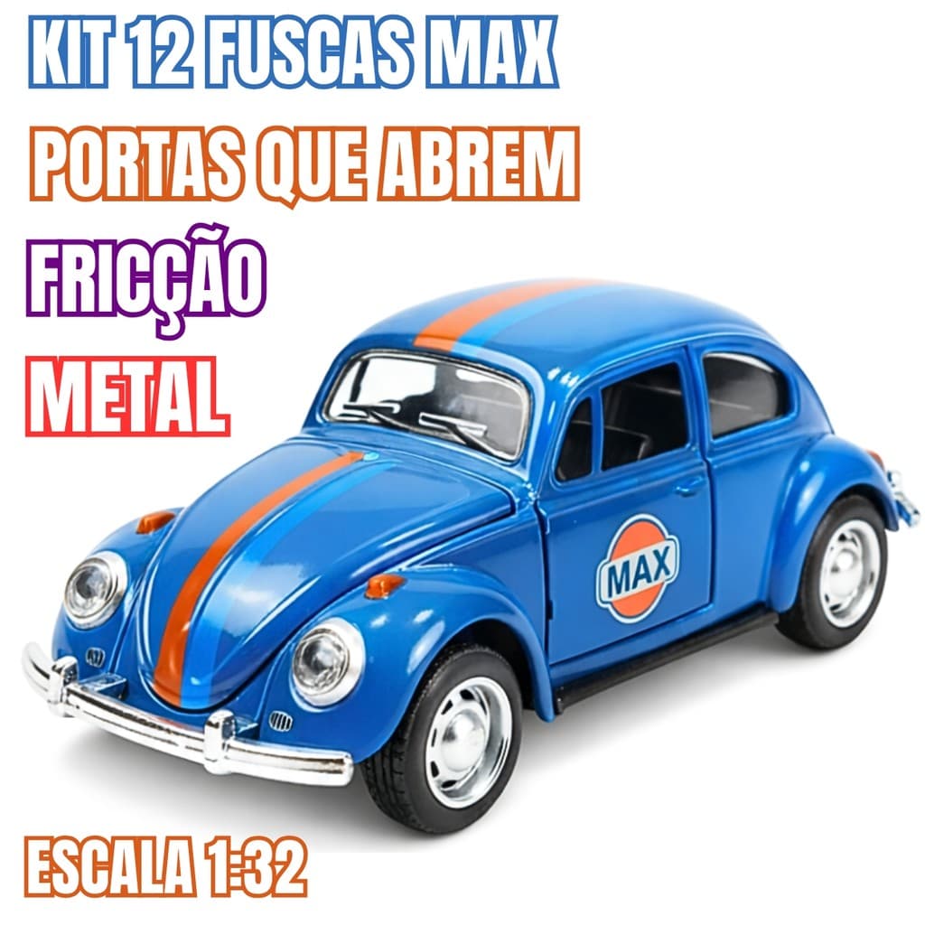 Kit 12 Fuscas Max Miniatura Metal Escala 1:32 Fricção Portas Funcionais