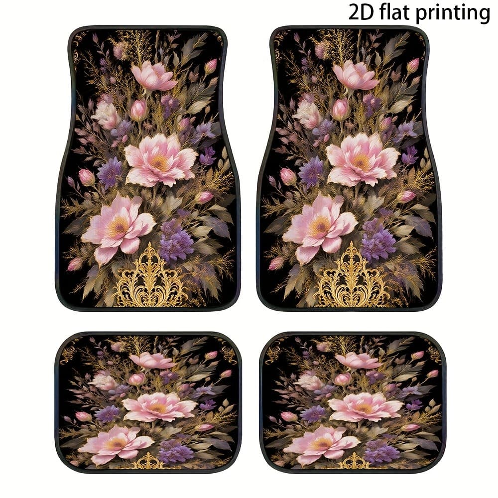 Tapetes para pés de carro de 4 peças, Design de padrão dourado de flor, tipo universal adequado para acessórios de veícu