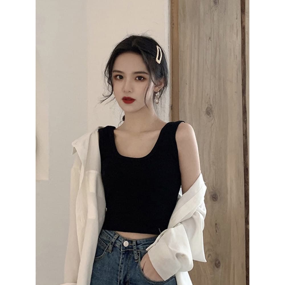 Preto esportes pequena camisola feminina verão sem mangas cobrindo seios laterais estilo francês Bottoming interior exte
