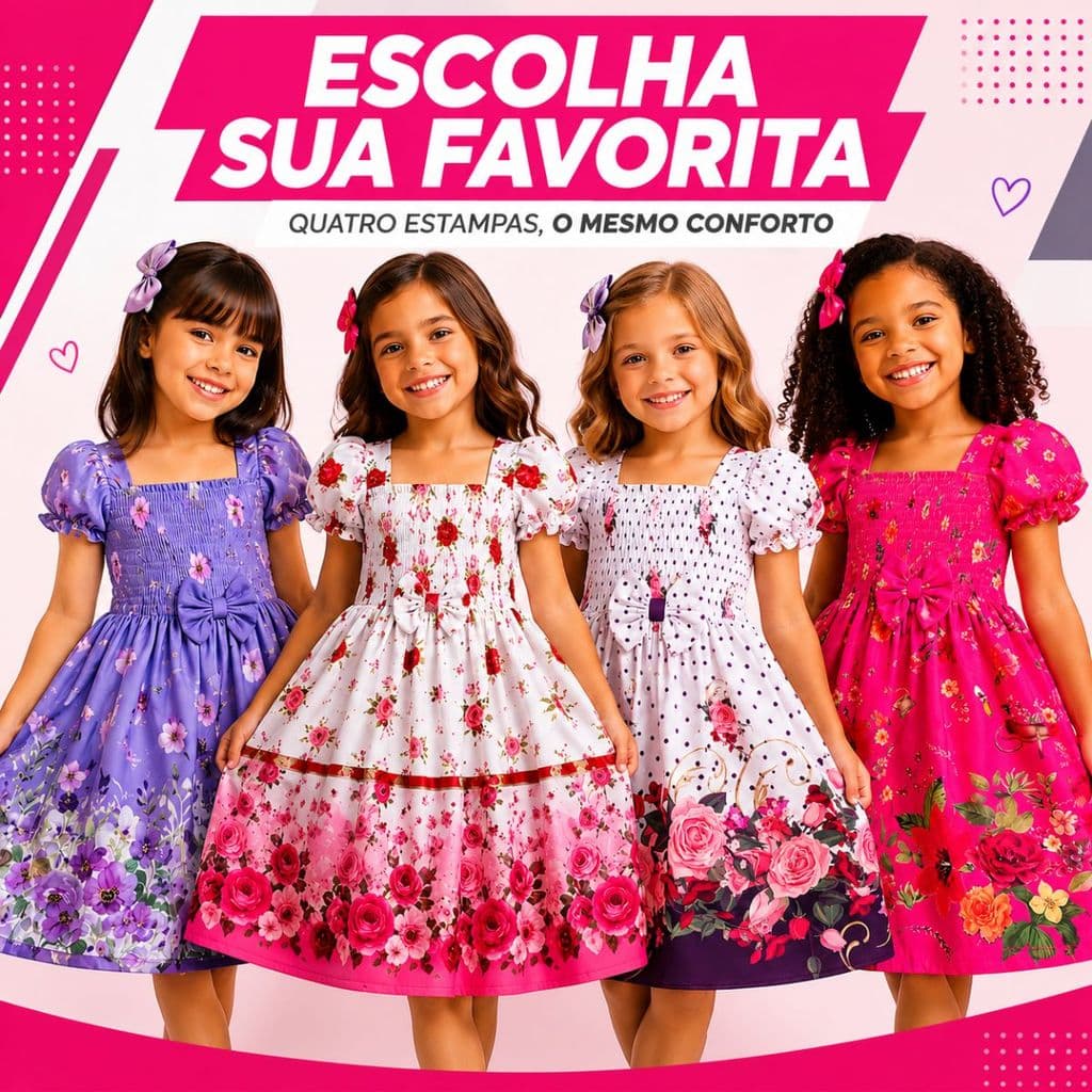 Vestido Infantil Floral Lastex Manga Bufante Laço Frontal Saia Rodada Festa Passeio 2 a 9 Anos