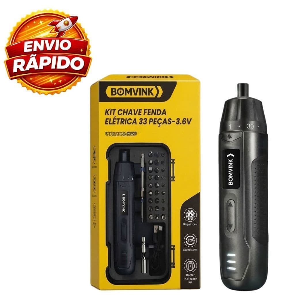 Kit Chave de Fenda Elétrica Parafusadeira Sem Fio 33 Peças 3.6V 2000mAh Torque Ajustável BOM-9917