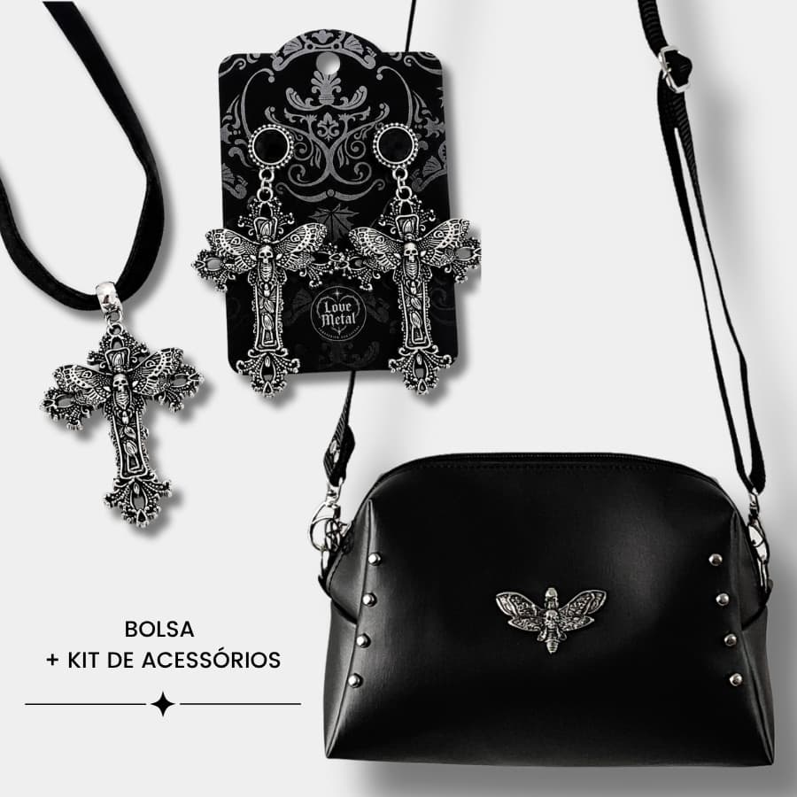 Kit Mariposa Caveira Bolsa Choker e Brincos Gótico Dark Mísitco