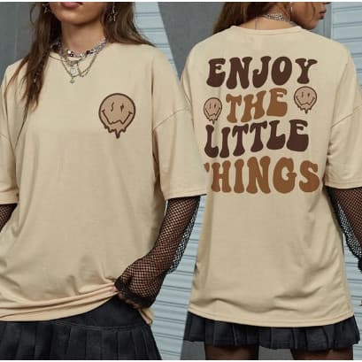 Camiseta Feminina 100% Algodão Premium Casual Básica Confortável Alta Qualidade Emoji Enjoy The Little Things Streetwear