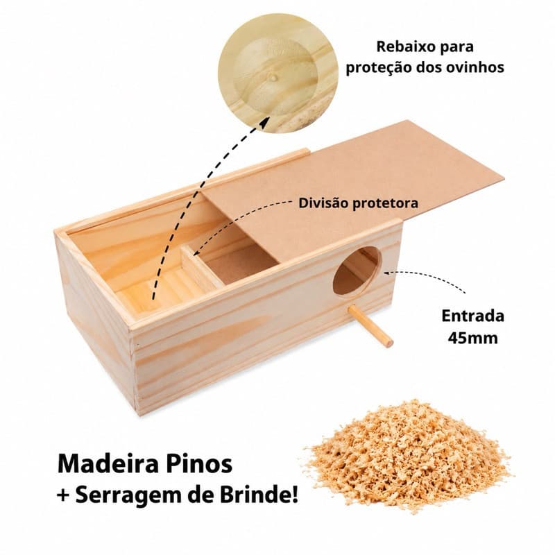 Ninho Para Periquito em pinus Para Reprodução + Serragem  gratis