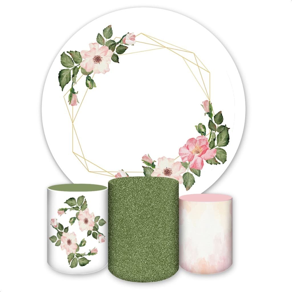 Kit Painel Redondo + Capas de Cilindro Sublimados Para Festa Tema Flores | Envio Já