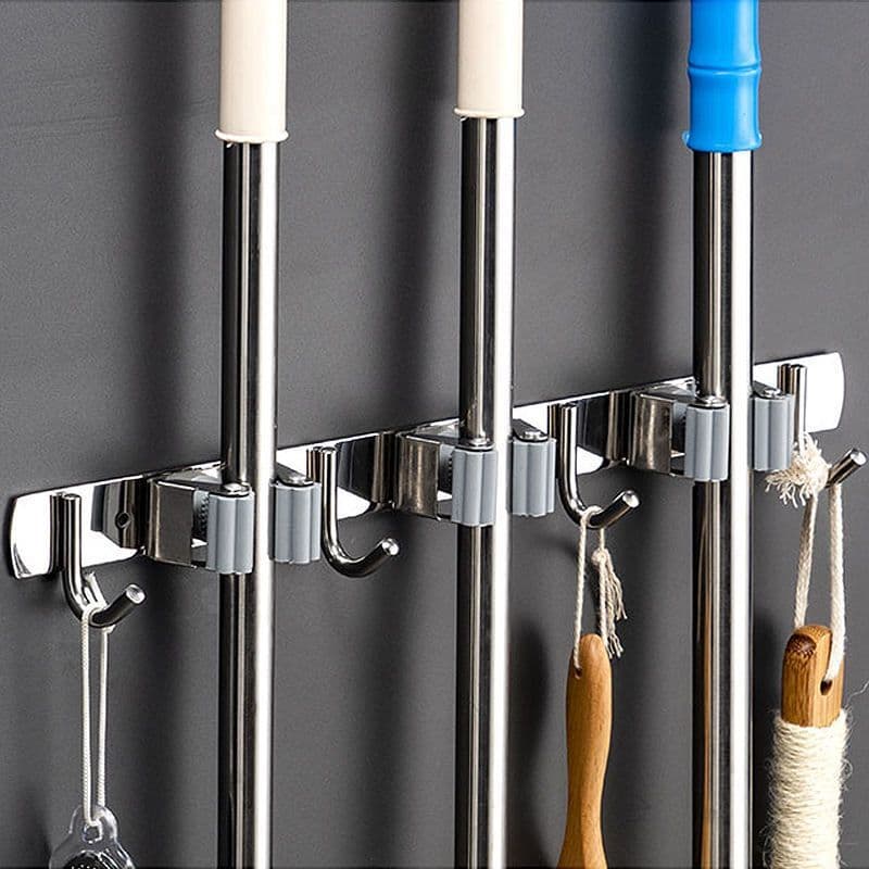 Suporte Inox para Vassouras e Pás - Gancho de Parede para Organização Doméstica