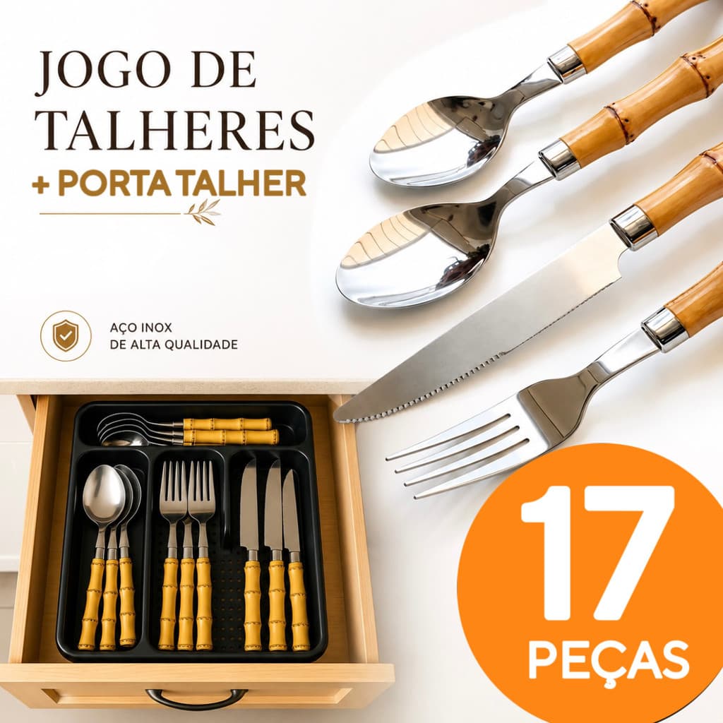Conjunto de Talher 17 Peças Faca Garfo Colher e Colheres de Sobremesa + Suporte Em Cabo Plástico Bambu Restaurante Casa