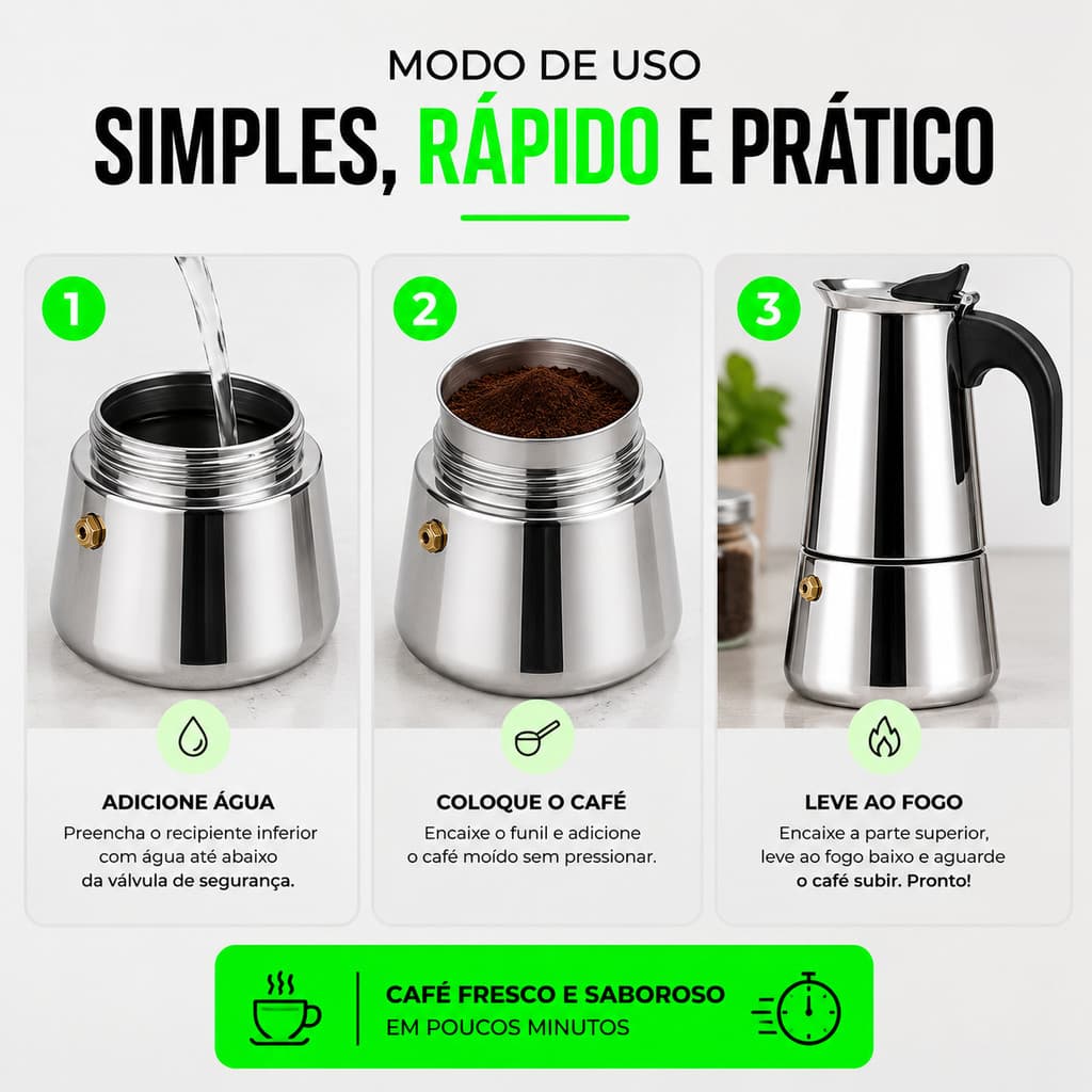 Cafeteira Italiana Moka Inox 4 ou 6 Xícaras - Café Expresso no Fogão Clássica