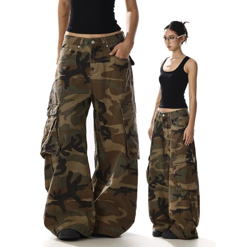 Americano Retro camuflagem macacão masculino solto em linha reta Casual calças de perna larga feminino