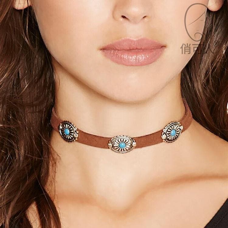 Moda Retro boêmio colar de Metal flor placa turquesa colar gargantilha estilo Wasteland colar acessórios