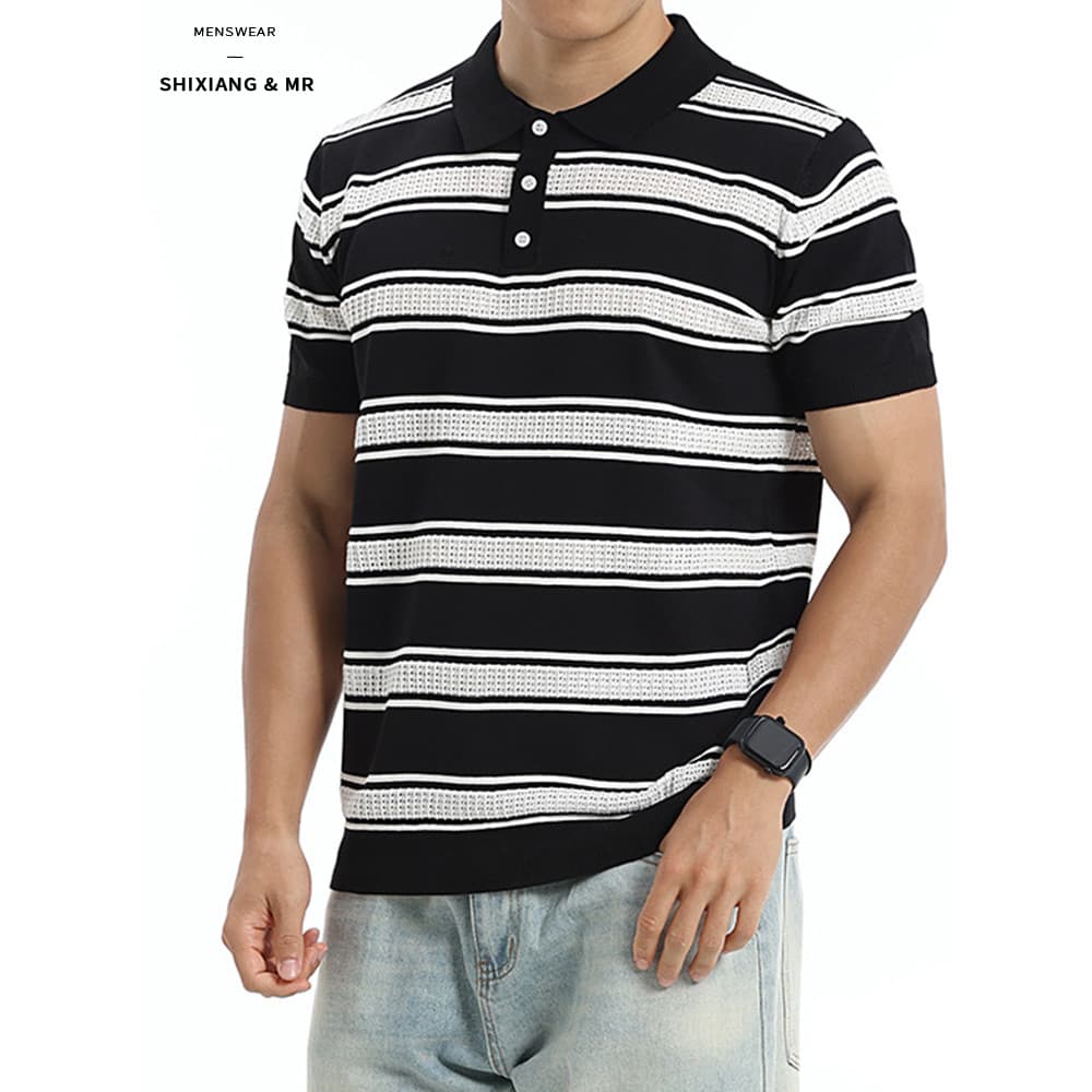 High-End estilo dinheiro antigo Retro camisa polo masculina lapela topo luz negócios listrado oco malha camisa polo de m