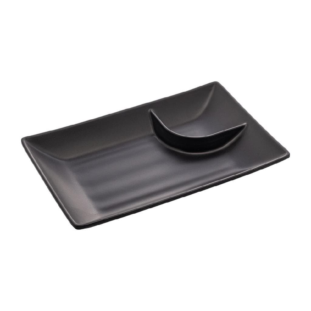 Prato Petisqueira Oriental Melamina Preto Fosco Molheira Integrada Sushi E Sashimi 19cm