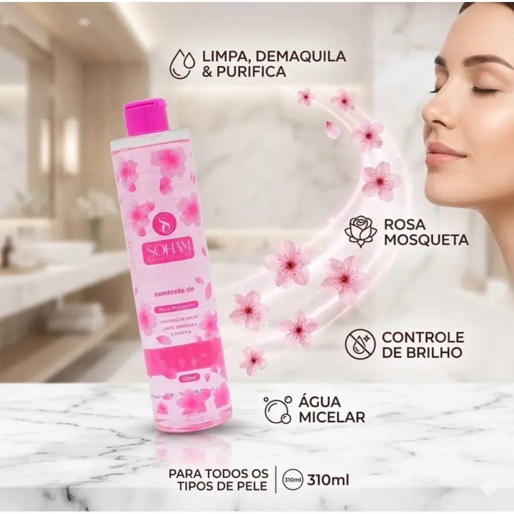 Água Micelar Sohm Rosa Mosqueta 310ml – Limpeza Facial Profunda para Todos os Tipos de Pele