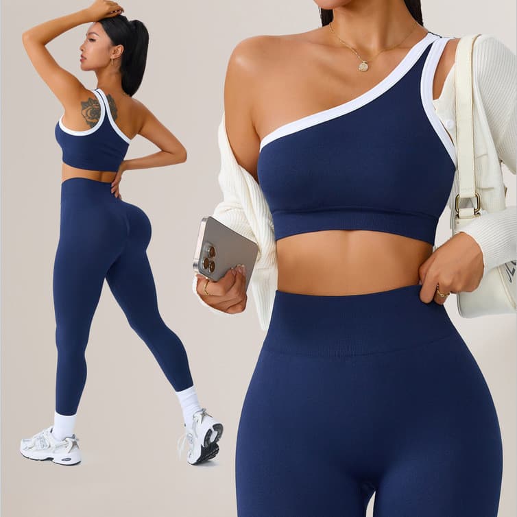 Yoga Wear terno esportivo sutiã de ombro oblíquo bonito volta cintura alta Hip-Lifting calças mulheres correndo Pilates