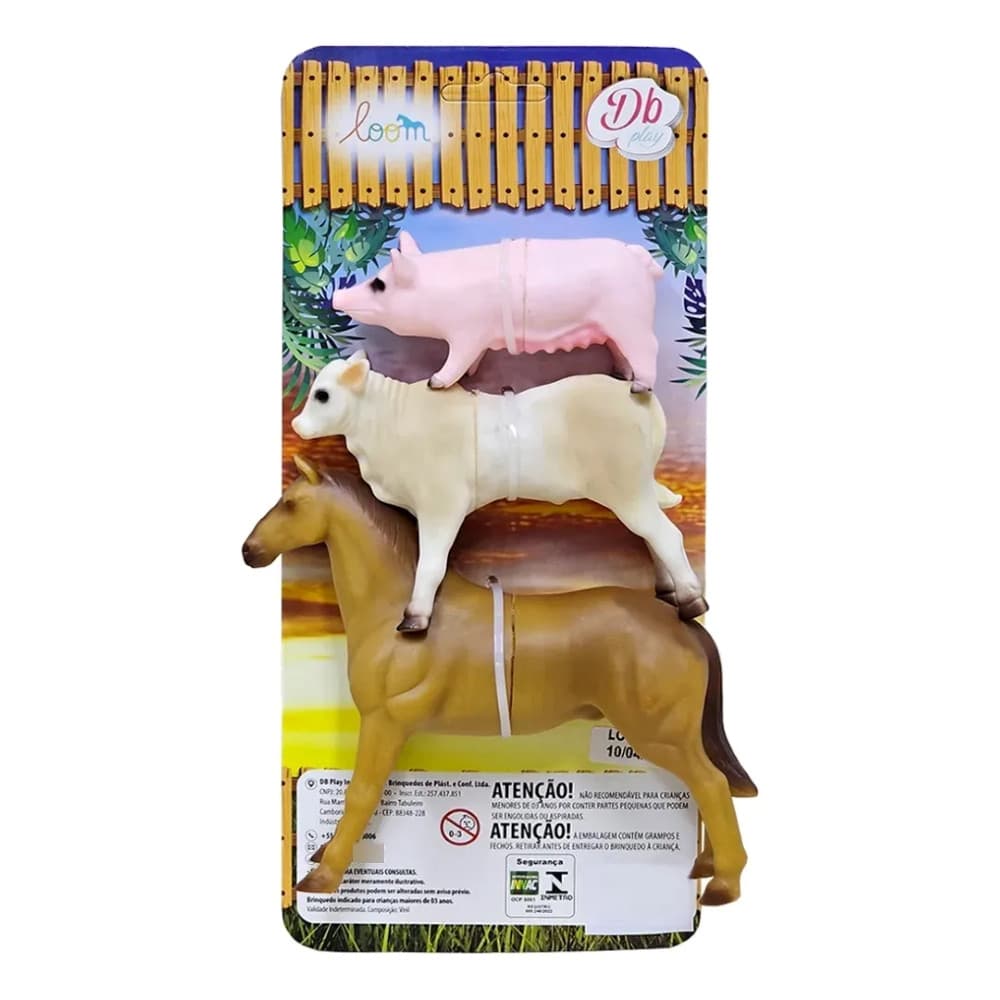 Kit Fazendinha em Vinil DB Play Animais da Fazenda Porco Bezerro Cavalo Realista Colecionável Infantil