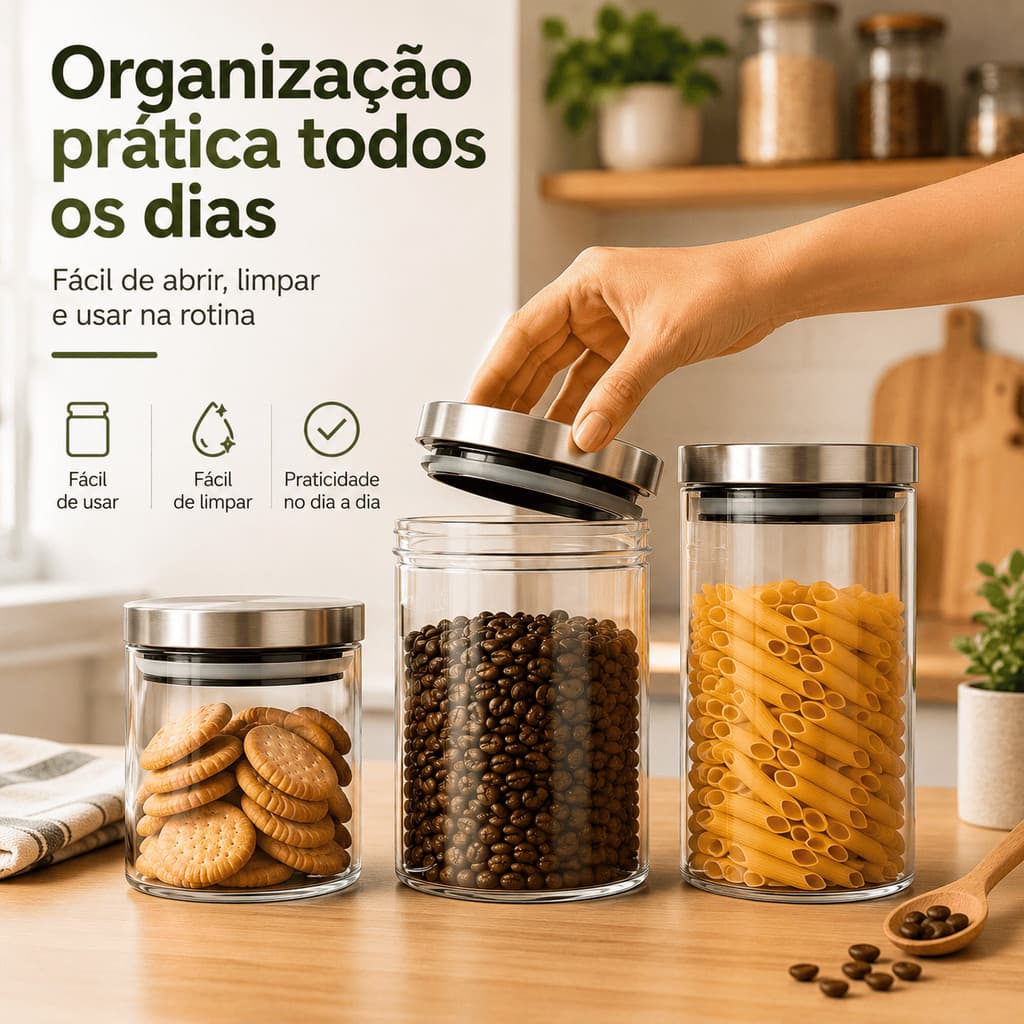 KIT POTE HERMETICO PARA MANTIMENTOS VIDRO BOROSSILICATO 600ML, 950ML e 1,3L