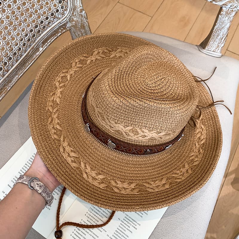 SV Homens Mulheres Mesmo Estilo Étnico Palha Chapéu de Cowboy Ocidental