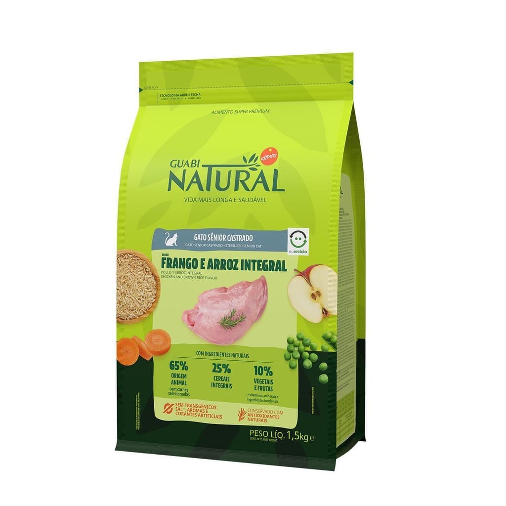 Ração Guabi Natural para Gatos Sênior Castrados sabor Frango e Arroz Integral - 1,5kg