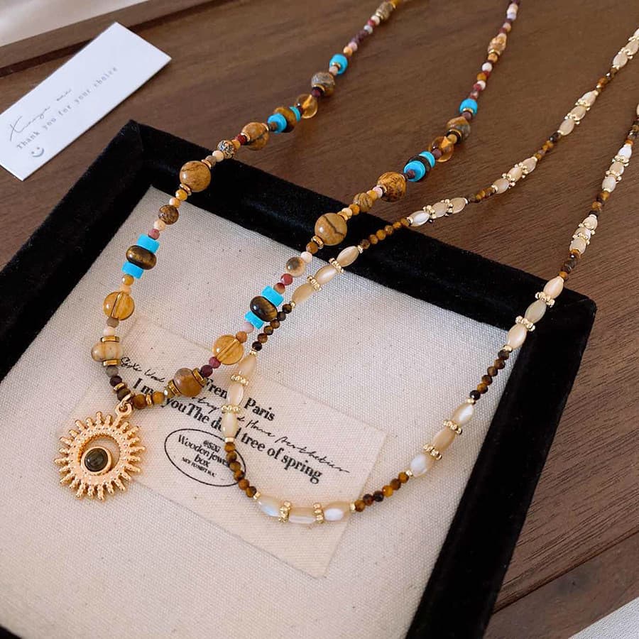 IVIAPRO Beimu Colar Vintage Pequeno com Pedra Olho de Tigre e Girassol, Corrente de Clavícula Elegante e de Alto Estilo